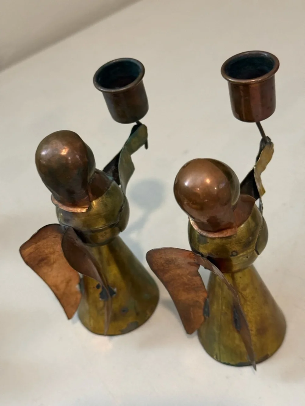 Vintage Mexican Brass & Copper Angel Candle Holders‎  Set Mini Taper Pair Rustic